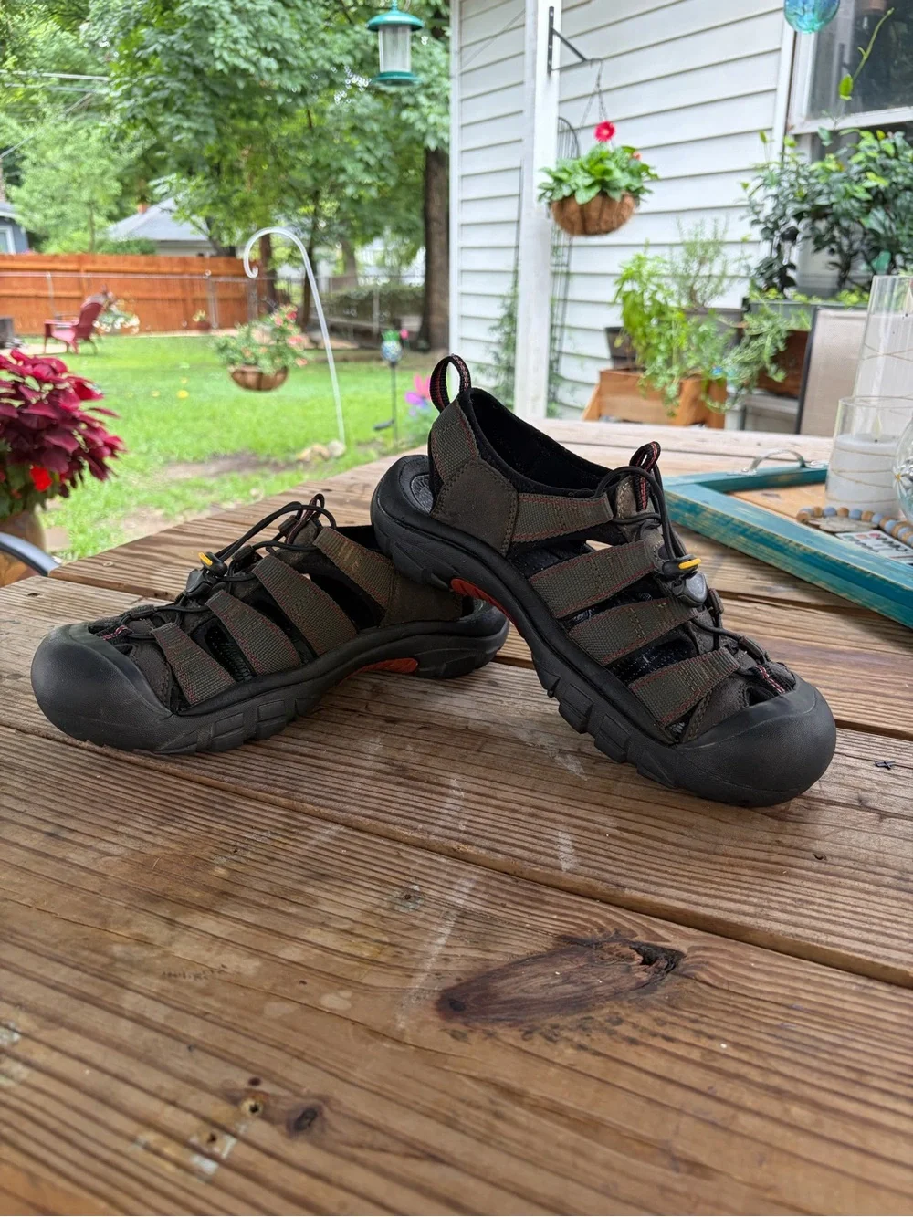 KEEN Men's Sandal in Olive Green and Black with Orange Accents